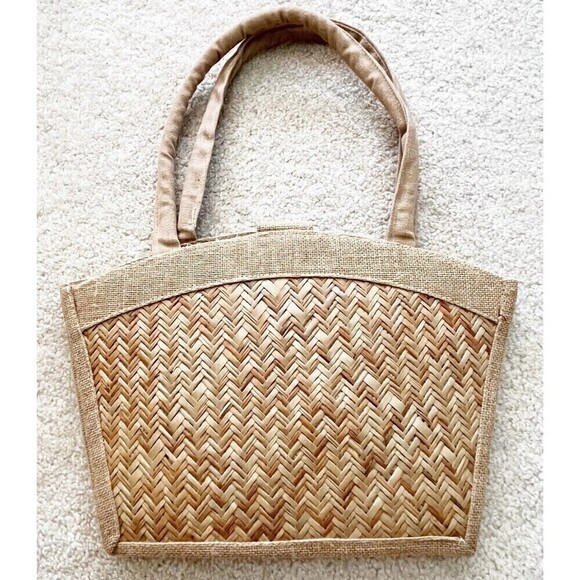 Vintage Woven Straw Handbag Tote Seashell Rattan Travel Beach Boho Aloha 70s 80s - Picture 7 of 13